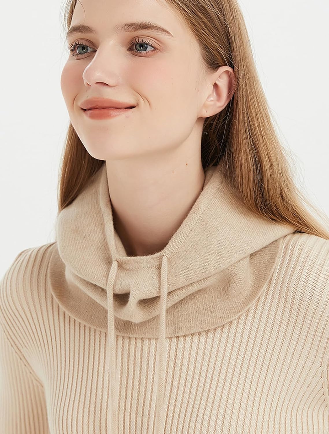 100% Cashmere Knitted Hood Loop Scarf for Women Men, Winter Soft Warm Knit Beanie Hat Circle Scarves 2-in-1 with Drawstring, Stylish Balaclava Earflap Hat Neck Warmer for Outdoor Sports Beige F