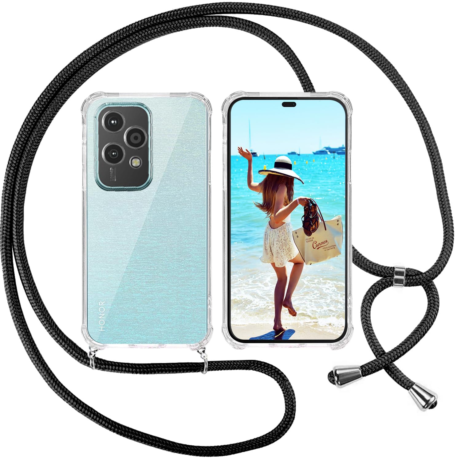 ISOI Cover con Cordino per Honor 200 Lite 5G, Custodia Trasparente con Collana Tracolla Laccio Collo Ultra Sottile Morbido TPU Silicone Antiurto AntiGraffio Antiscivolo Case, Nero