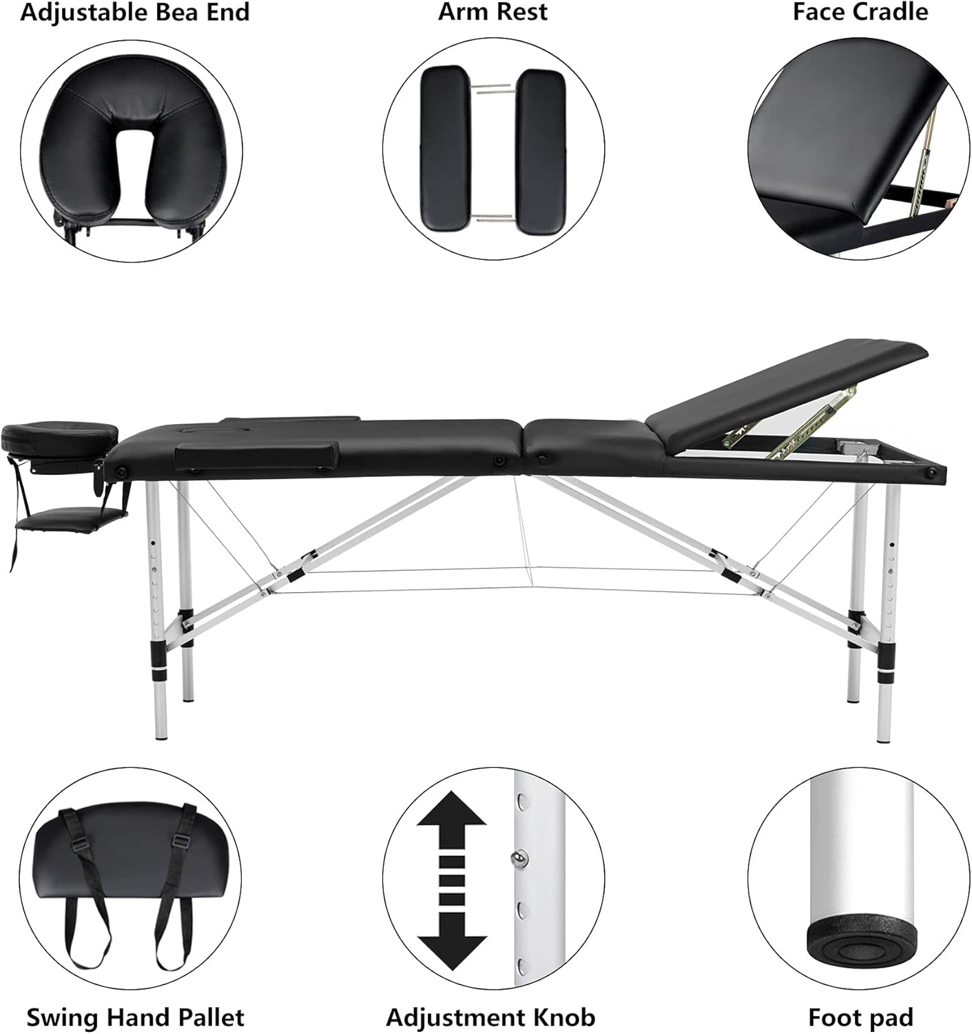 AWQM 72.4 Inch Massage Bed, with Carrying Case, 3 Folding Aluminum Frame,Height Adjustable, Massage Spa Tattoo Salon Bed,Black : Beauty & Personal Care