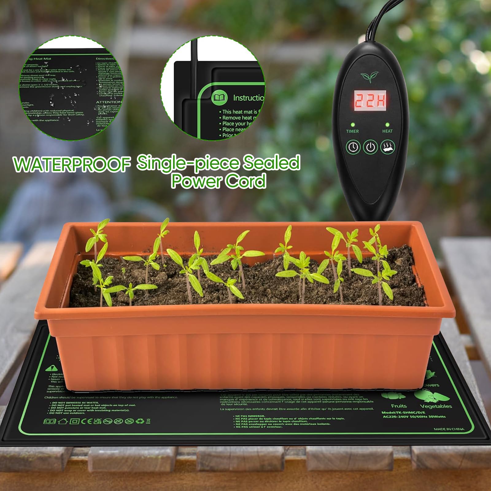 JOPWUE Tapis chauffant pour semis avec contrôleur de thermostat numérique, 25,4 x 50,8 cm, ensemble de tapis chauffants imperméables pour plantes, réglage de 6 températures, minuterie à 6 vitesses