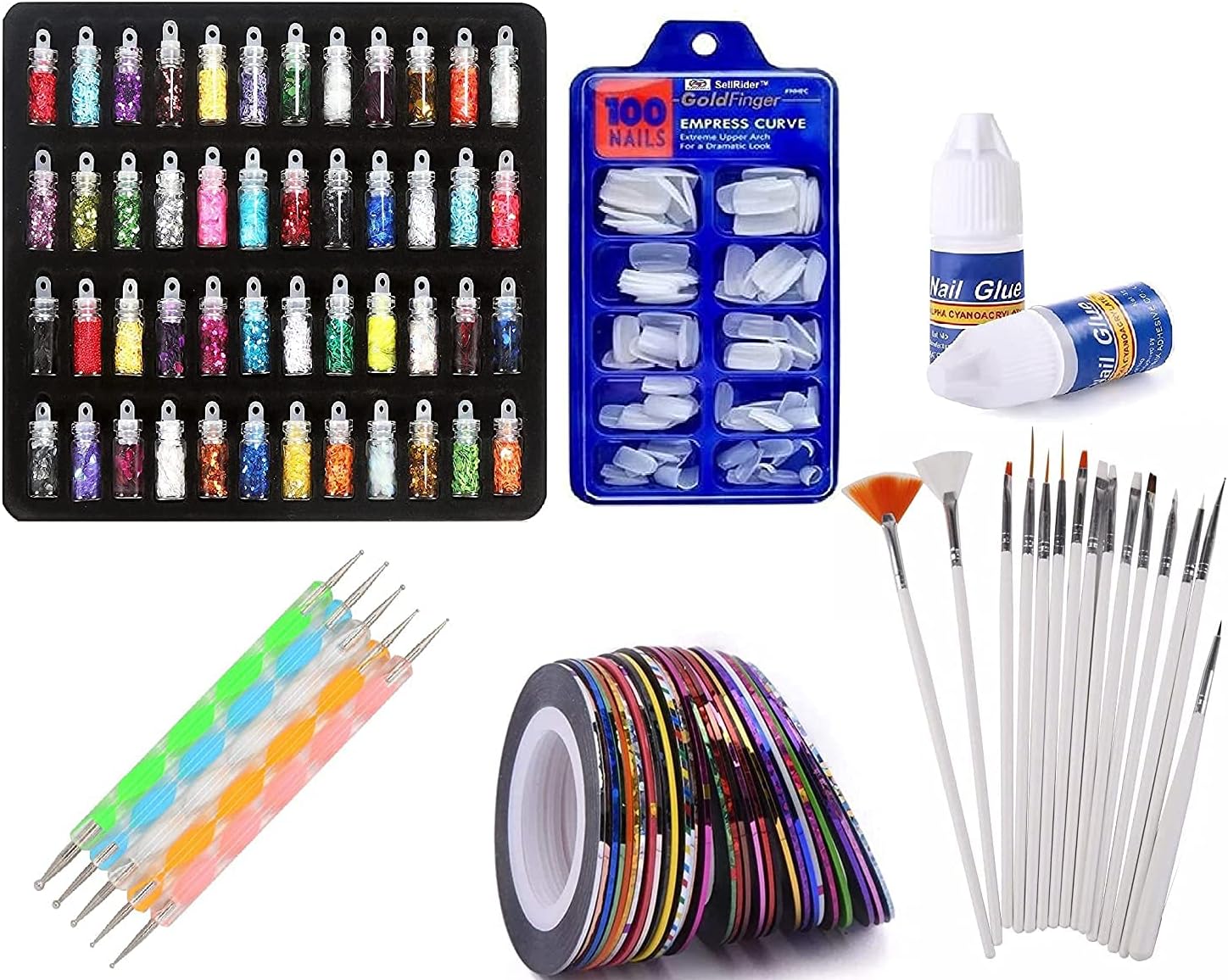 Nail Art Kit - 48 Pcs Glass Bottles Glitter Stones, 100 Nails,10 Nail Tapes, 15 Nail Art brush, 5 Nail Dotting Pen with 2 Glue (Nail Art Kit)