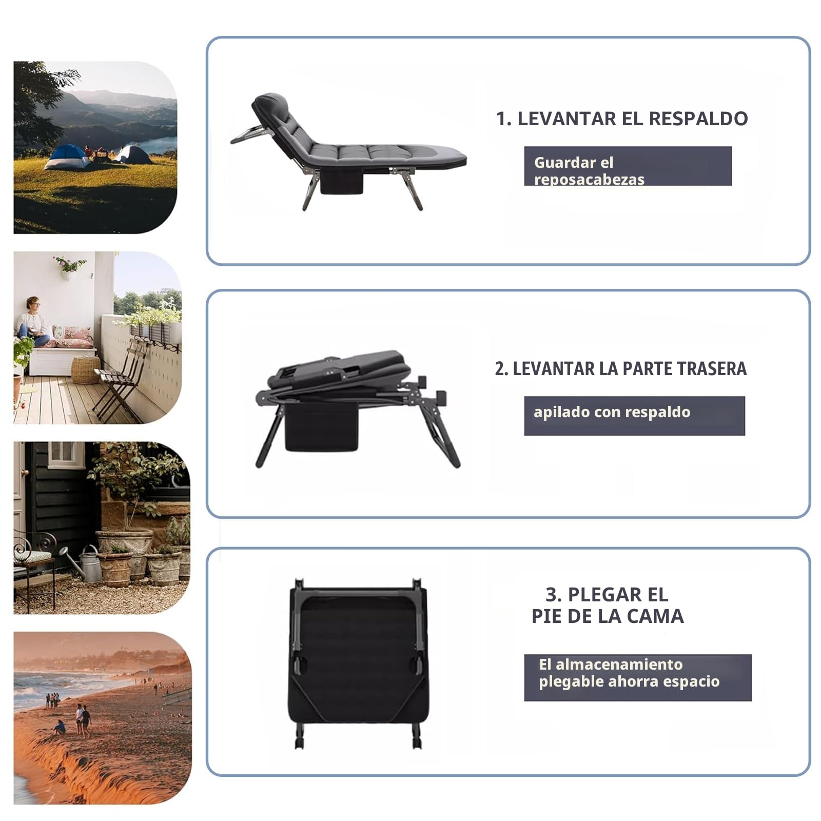 Tumbona Jardin Exterior Plegable, Tumbonas Jardin con 6 Posiciones Soporta, Cama Plegable Camping, Tumbona para Terraza, Balcón, Jardín, Interior, Exterior (Negro)