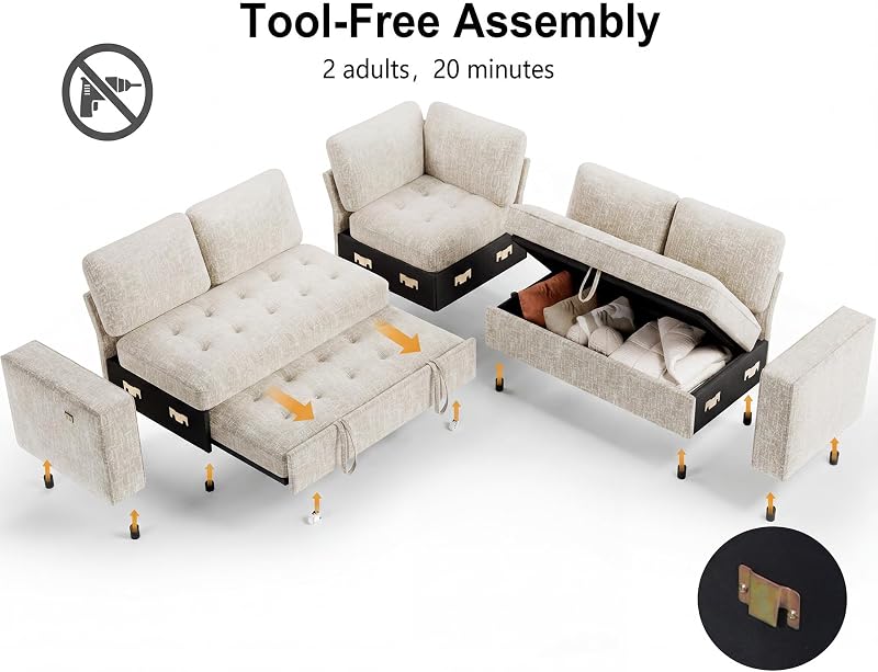 WEUP 5 Seat L Shaped Sectional Sleeper Sofa Bed with Pull Out Bed, Chenille Sectional Sleeper Couch with Adjustable Backrest, USB Ports & Storage Seat, Tool-Free Assembly, Chenille Beige image 3
