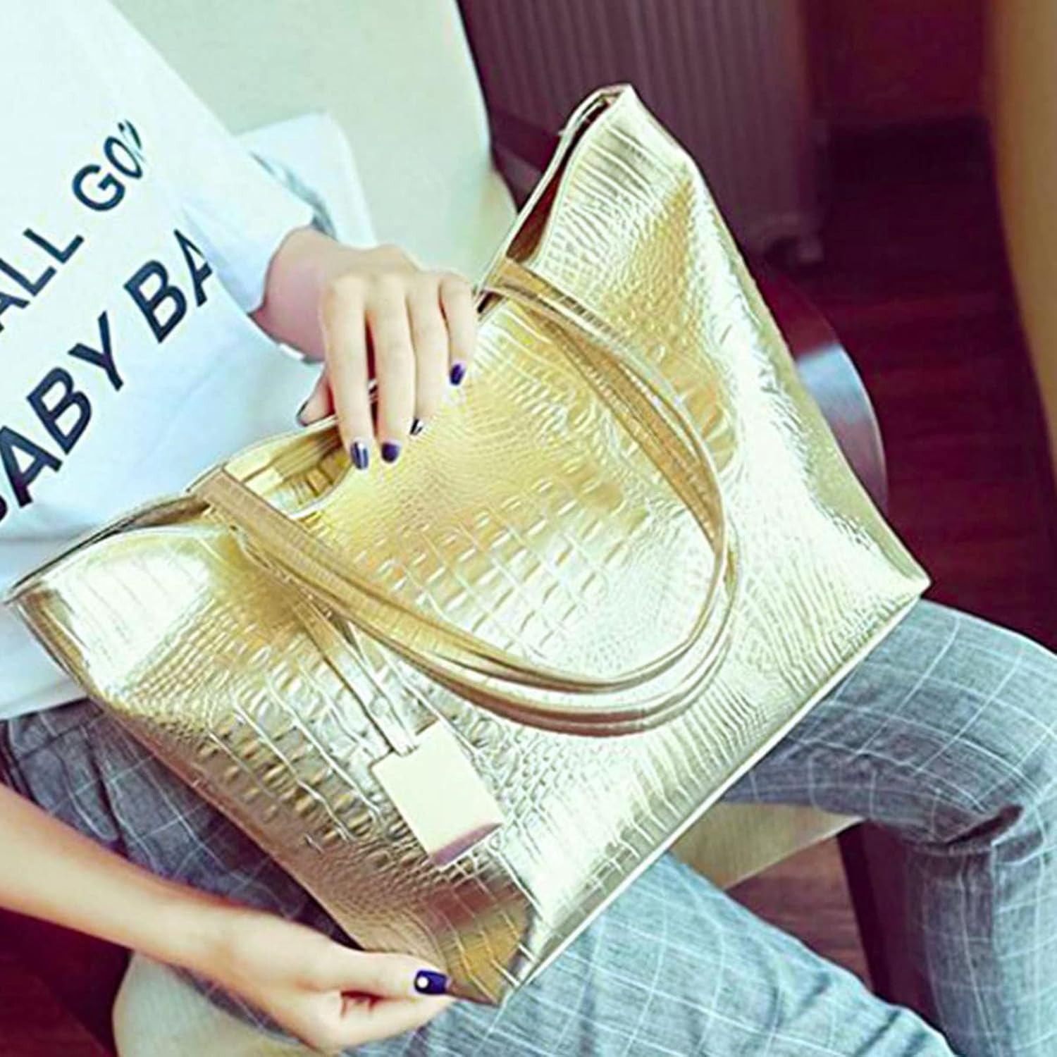 Womens Large Tote Shoulder Handbag Purse Travel Satchel Stylish Fuax Leather Crocodile Hobo Top Handle Bag - Image 3