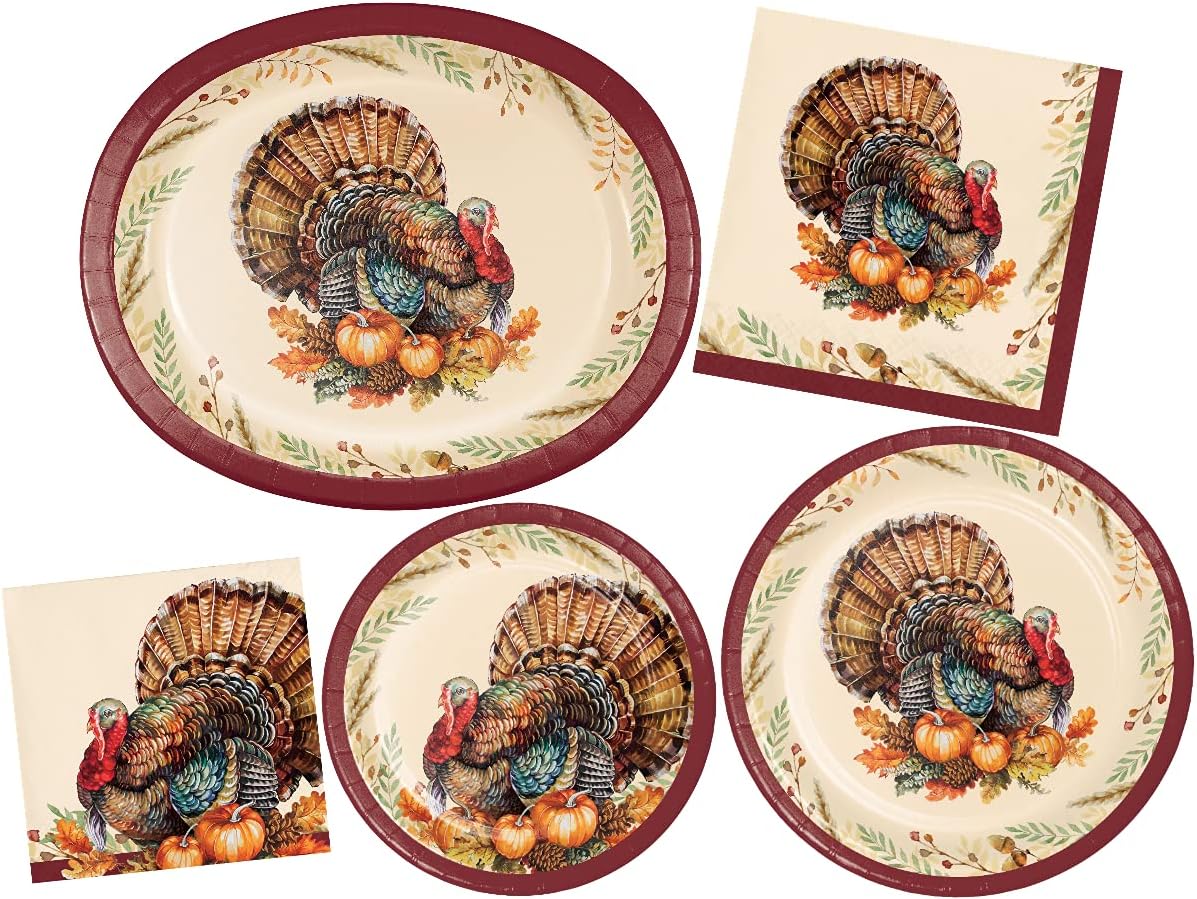 Autumn Turkey Dinnerware Party Bundle | Thanksgiving Tableware Includes Disposable Paper Platters, Plates and Napkins for 16 Guests | Party Supplies for Friendsgiving Family Dinner Entertaining