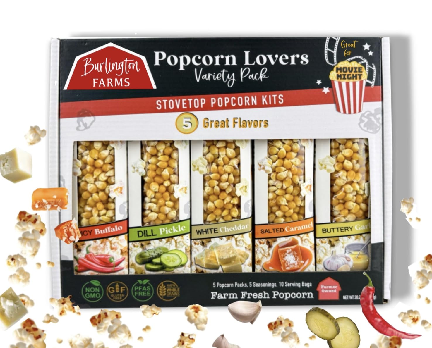 Burlington Farms Popcorn Movie Night Supplies 20 pcs Gift Set, 5 Gourmet Popcorn Kernels, 5 Seasoning Variety Packs Non-GMO Snacks, Great Housewarming Family Date Night Gifts Basket Ideas For Him Her