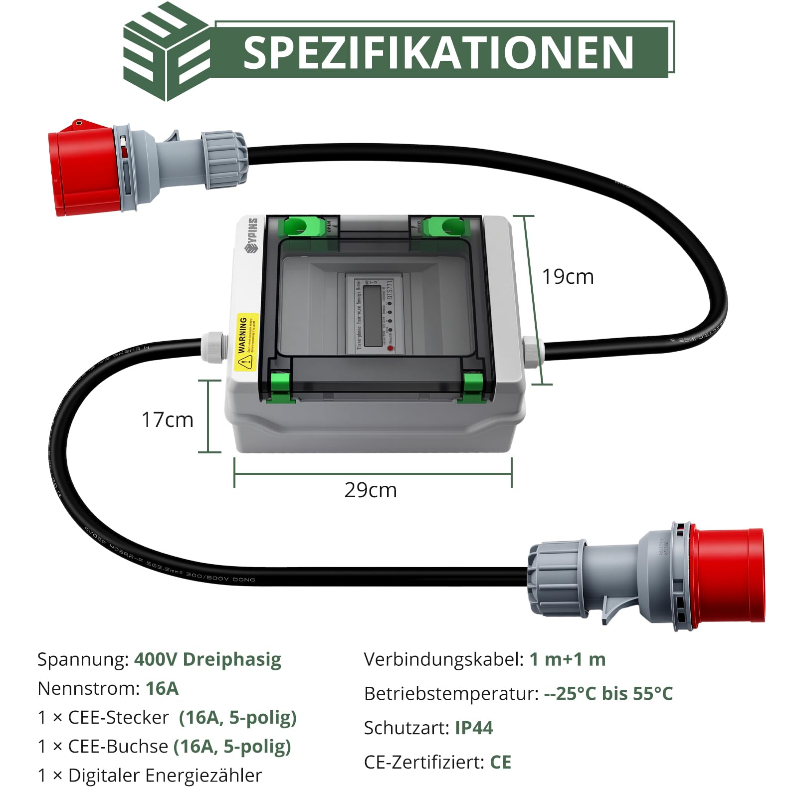 EYPINS Digitaler Stromzähler CEE Steckdose 16A 400V, IP55 Drehstromzähler mit Reset-Funktion, Energiekostenmessgerät mit 16A CEE Stecker & Kupplung für Caravan, Elektroauto