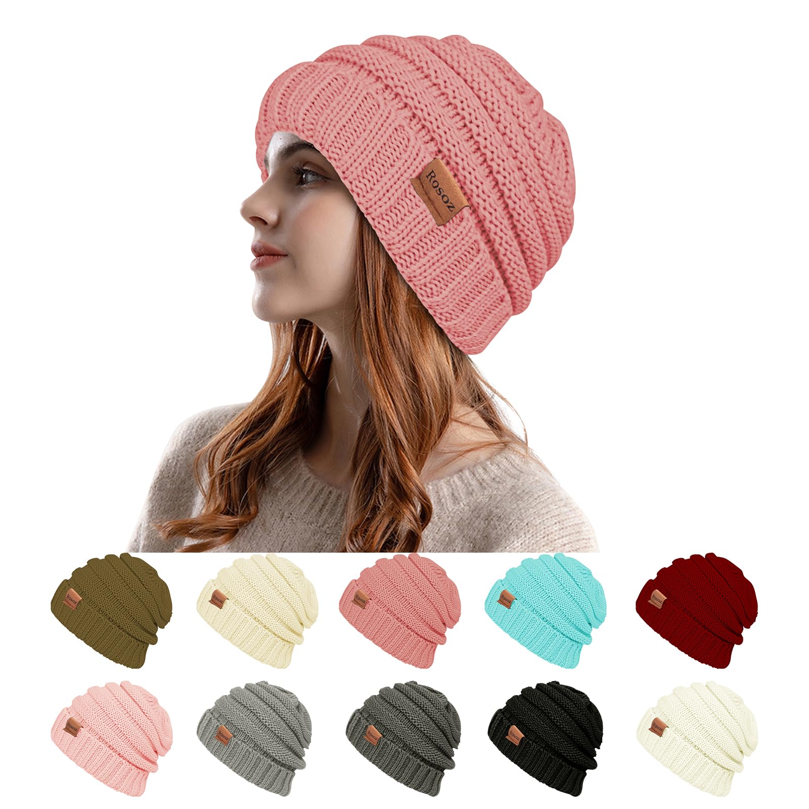 Rosoz Womens Beanies for Winter Slouchy Beanies for Women Knit Warm Winter Hats for Women Thick for Cold Weather, Skin Pink, 7 3/4-7 7/8