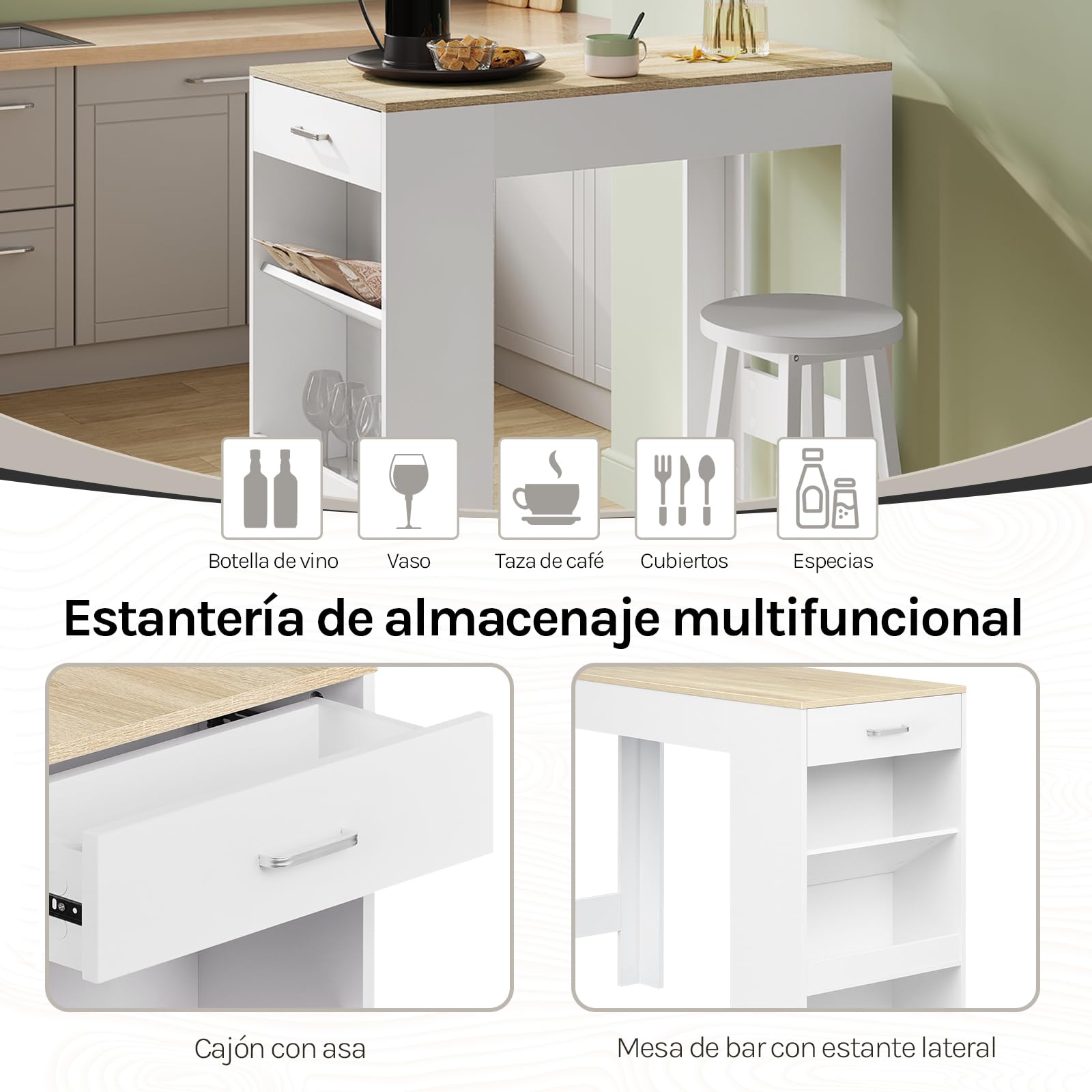 WOLTU Mesa Bar Alta, Mesa Cocina con Estantería Lateral de 1 Cajon 1 Botellero y 2 Estantes, Mesa para Comedor Salón (con Tablas de Madera, Blanco + Roble Claro, 100 x 50 x 100 cm)