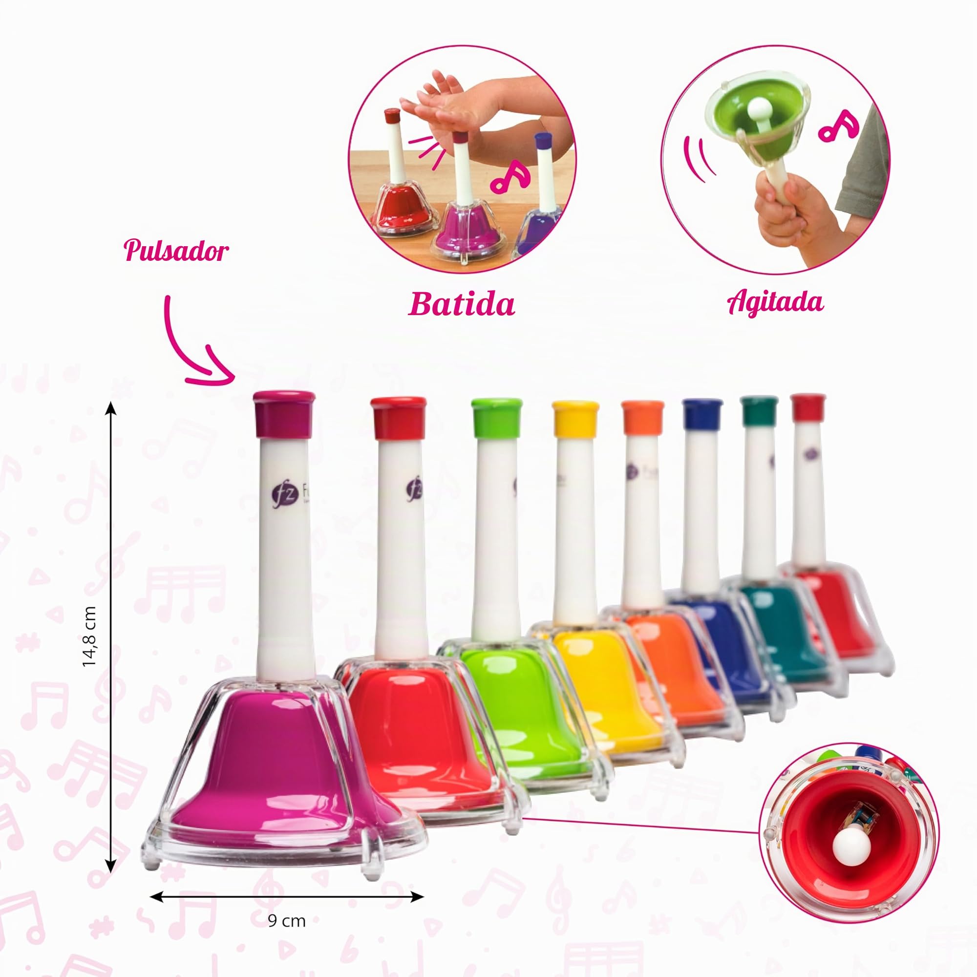 FUZEAU – Juego diatónico de 8 campanas afinadas – Campanas de metal con mangos de plástico – 1 campana = 1 nota – acordadas al más justo – Ideal para descubrir notas, a partir de 3 años