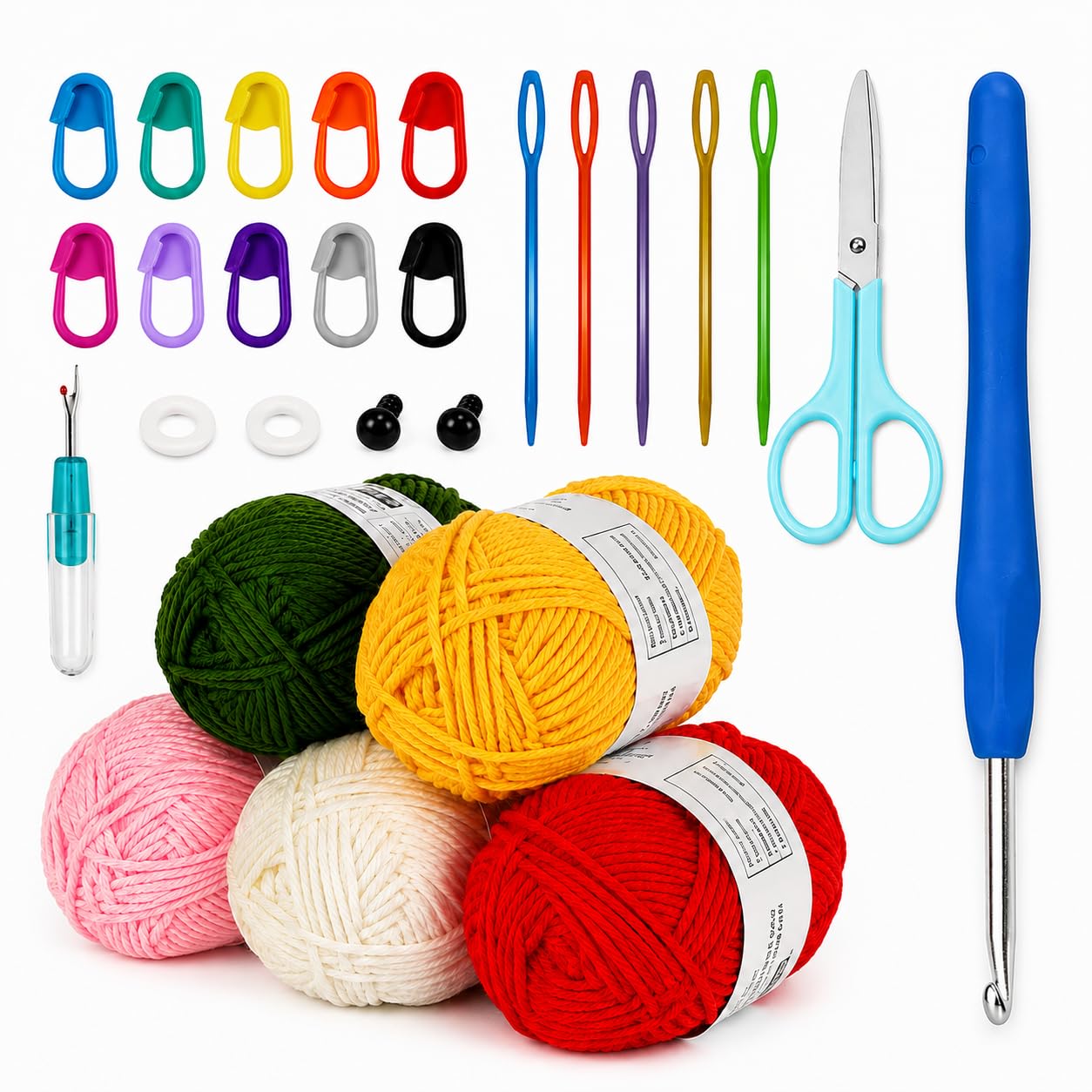 Viharini Crochet Kit for Beginners with Yarn, Crochet Hooks, Stitch Markers, Knitting Needles, DIY Tools & Crochet Thread – Complete Crocheting Set for Adults and Kids (Multi-Colour) (5 Yarn Set)-image-20