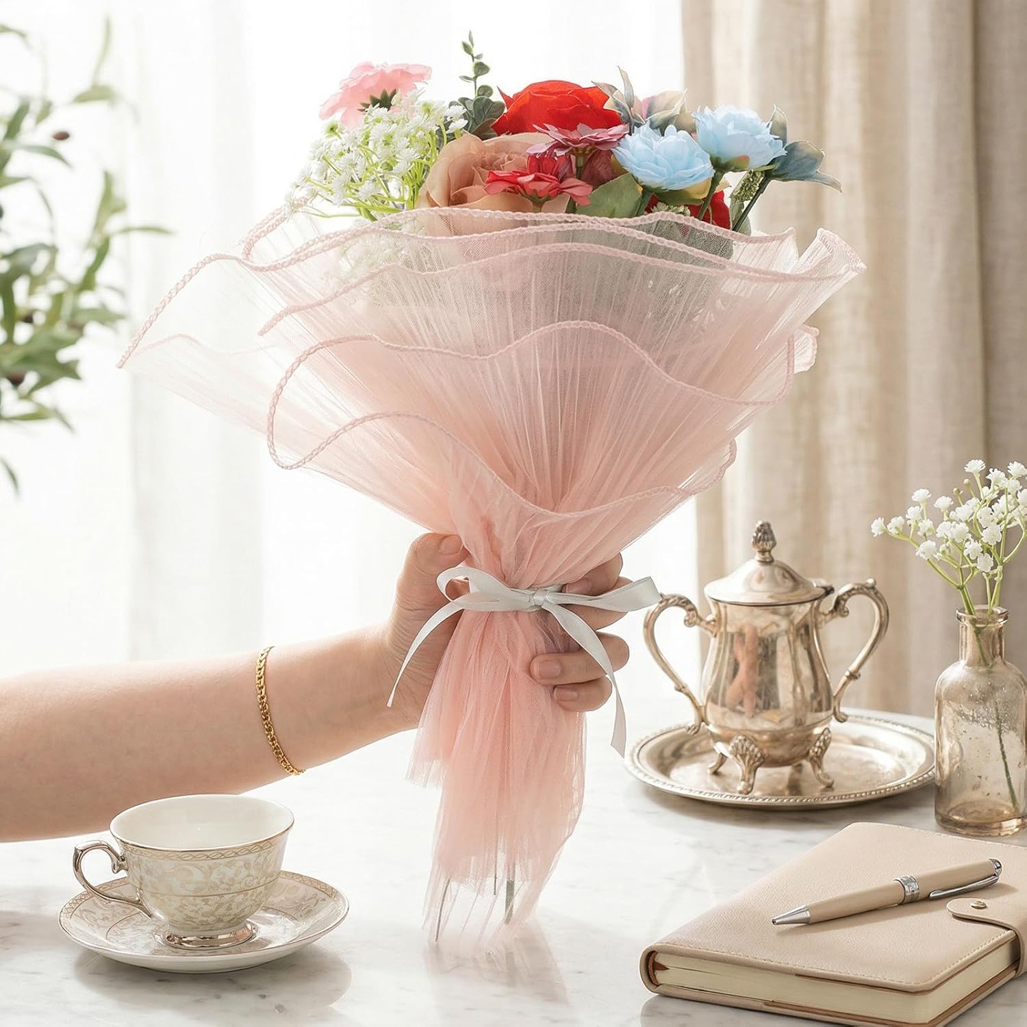 2PCS 4 Yards Mesh Flower Wrapping Paper for Bouquets, Pearl Edge Bouquet Wrapping Paper Wrinkled Packaging for Party Favor Decor Florist Supply Wedding Gift Packaging Mother's Day White Champagne