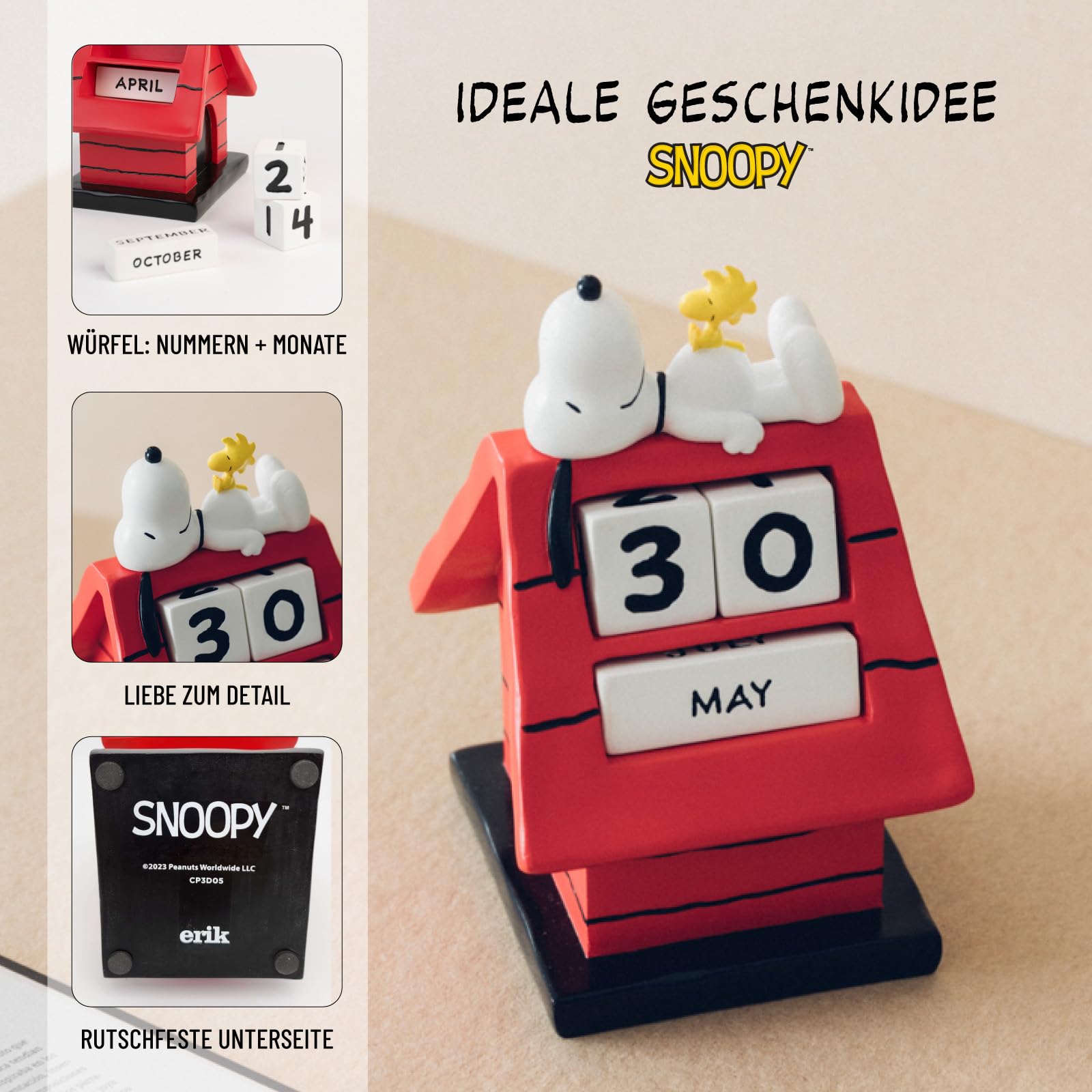 Grupo Erik Ewiger Kalender Peanuts Snoopy Figur - 3D Kalender Tischkalender zum Aufstellen - Dauerkalender Snoopy Offizielles Lizenzendprodukt Büro Deko Comic