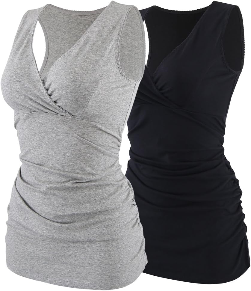 Nursing Maternity Top, Pregnant Breastfeeding Shirt, Women's Cotton V Neck Ruched Waist Double Layered Postpartum Tank