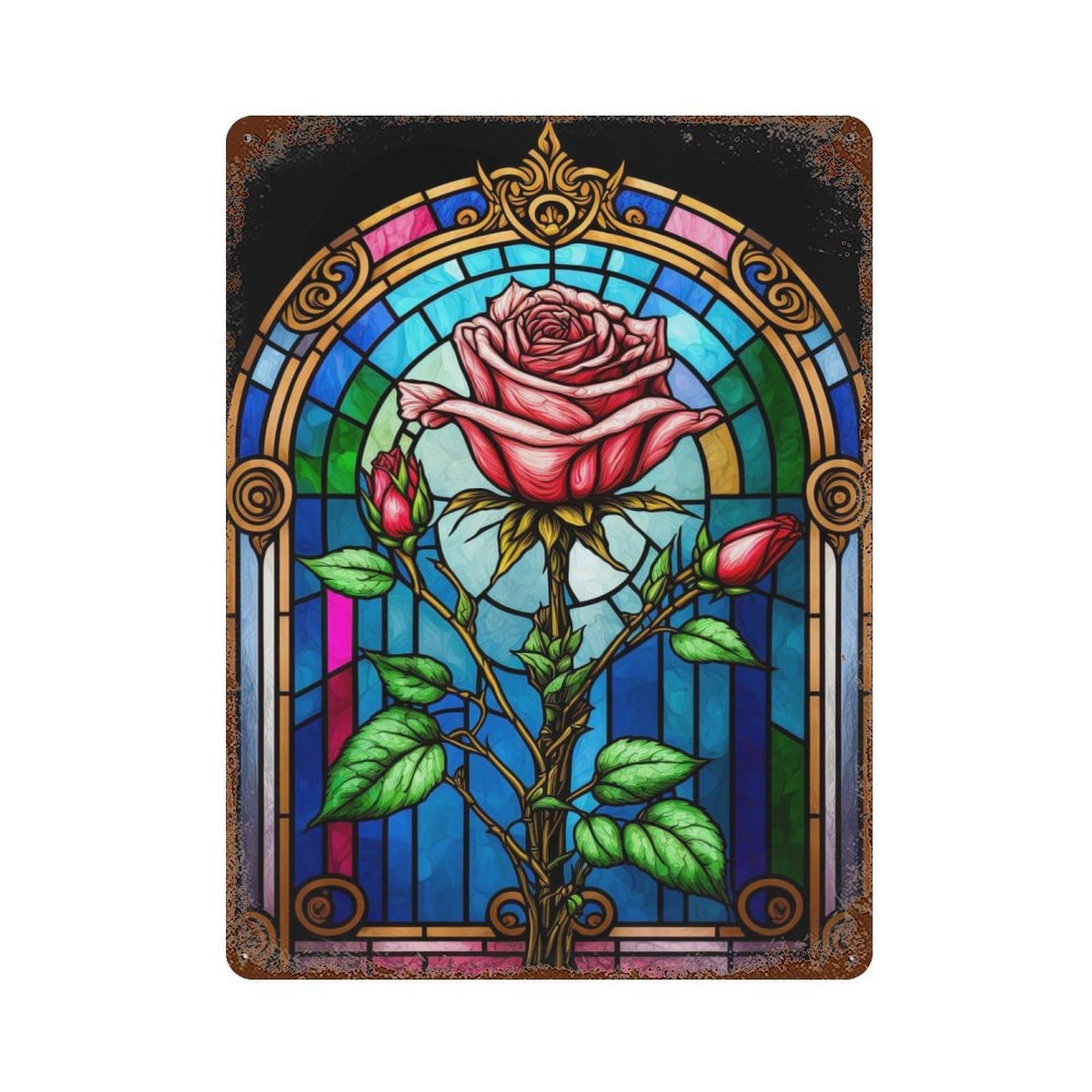 Stained Glass Rose Vintage Rust Metal Sign 15.7"x11.8", for Basement, Hobby Room And Garage Decor, Farmhouse Wall Decor