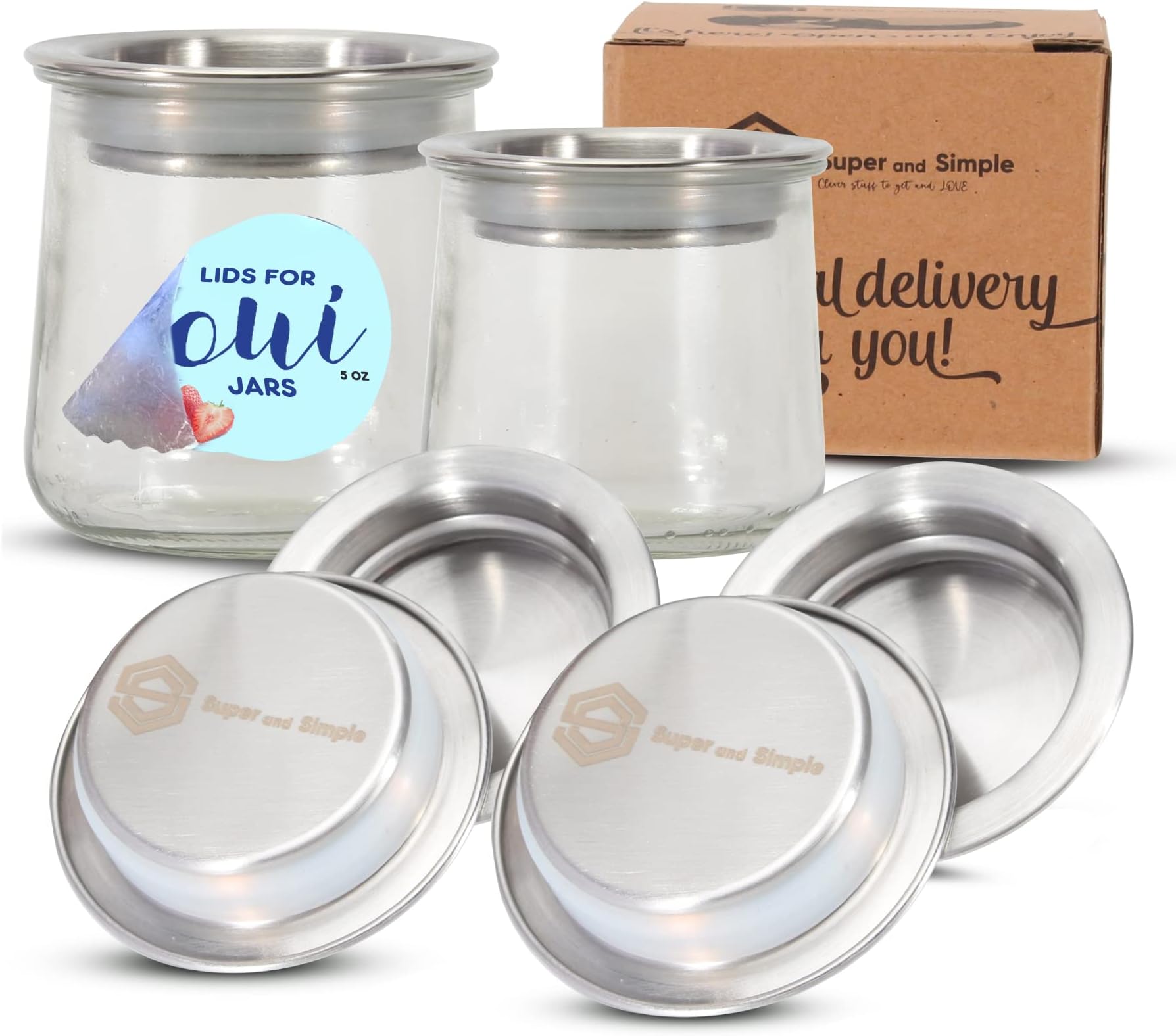 Oui Yogurt Jar Lids | Choose from Bamboo Designs, Silicone, or Metal, 4-24 pieces | Lids for Oui Jars | Oui Yogurt Lids | Yogurt Jar Covers for Regular & Petite Oui Pots - Stainless Steel 4 piece set