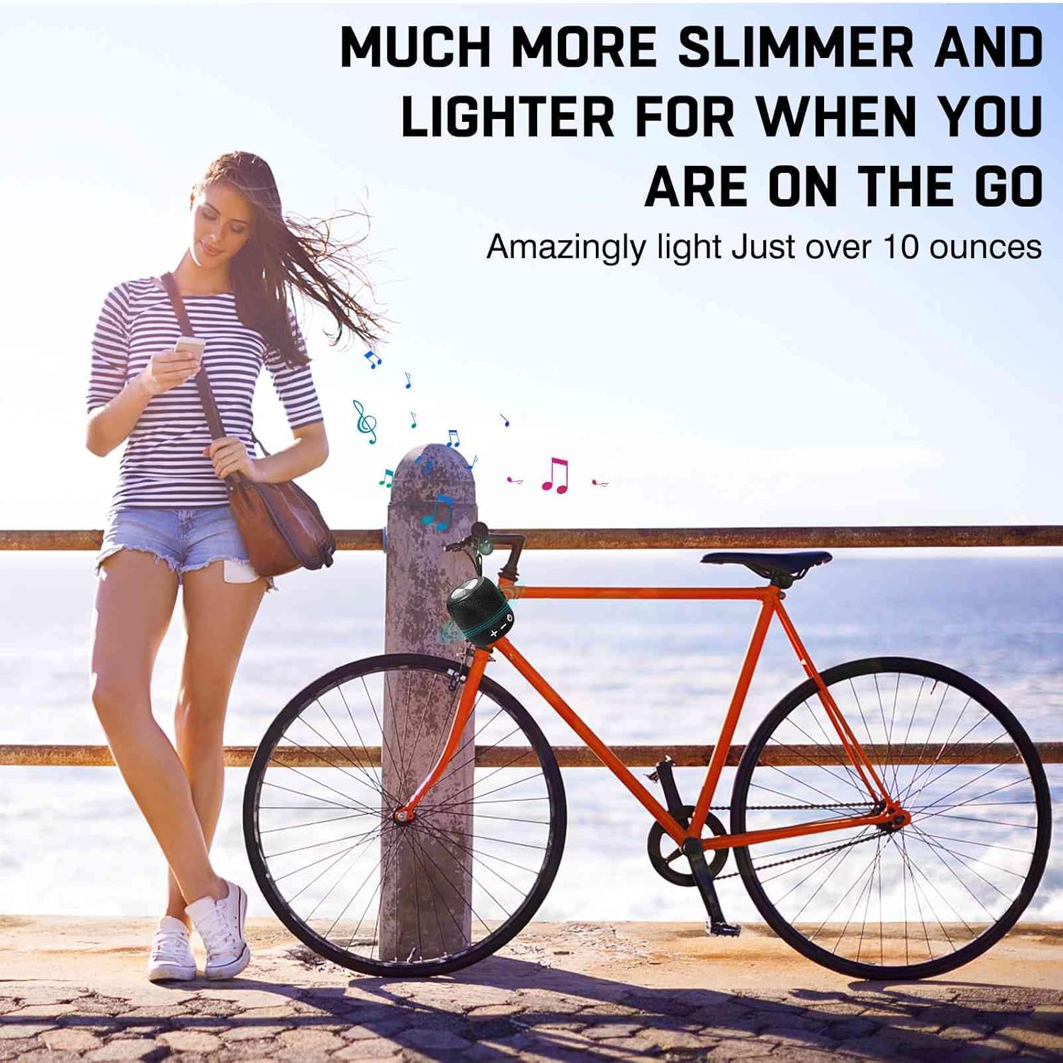 UrbanX Bluetooth Speaker hanging from a bicycle handlebar