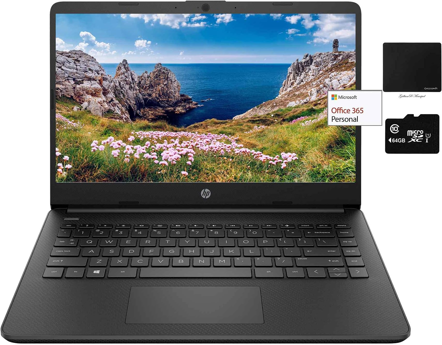 Newest HP 14in Thin Light Laptop, Intel Dual-Core N4020, 8GB RAM, 128GB Storage(64GB eMMC+Micro SD), 1Yr Office, Win 10 Bundle w/ GalliumPi Mousepad (Black)