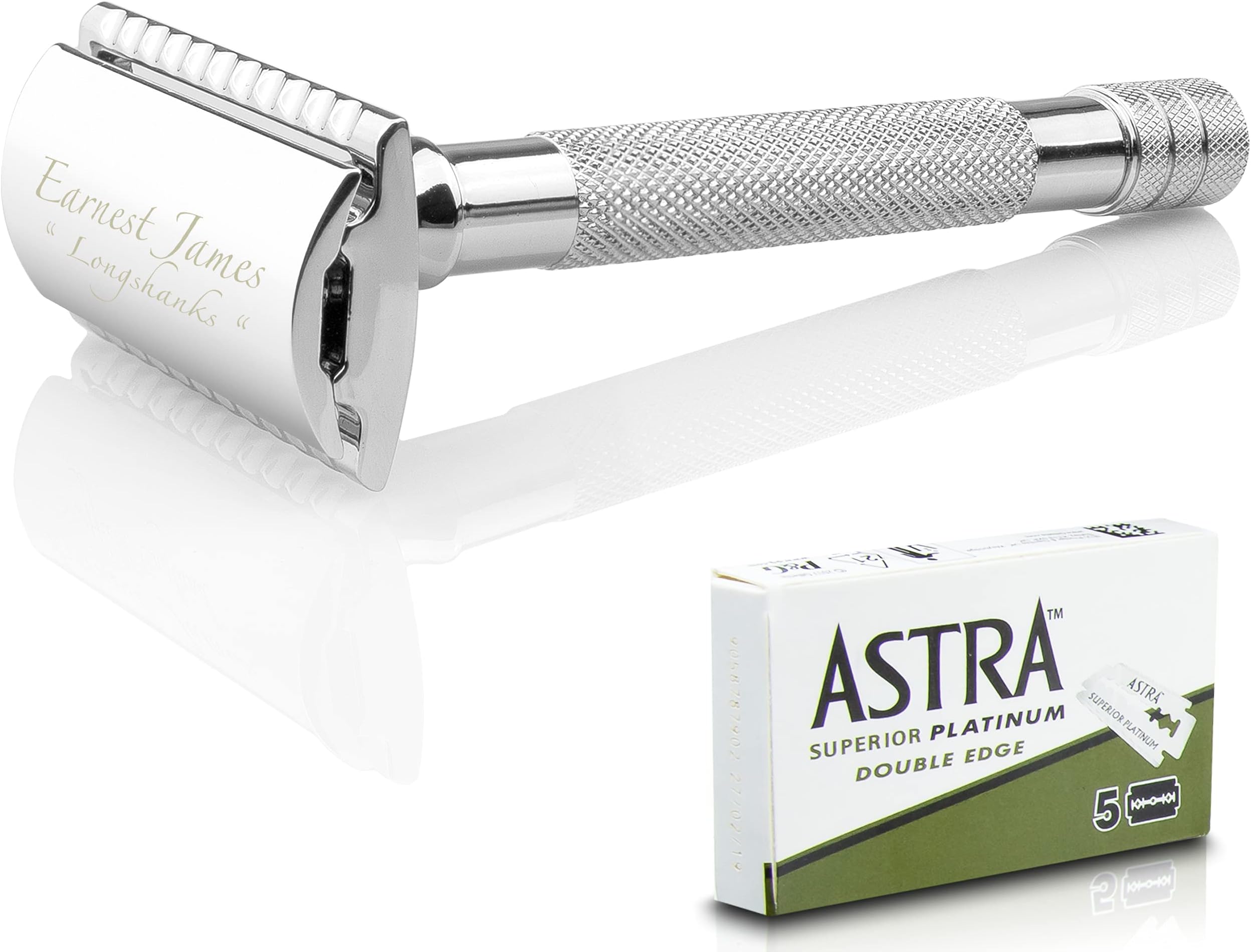 Double Edge Safety Razor |"Longshanks" Extra Long | Classic Chrome Handle 3 Piece Razor | with New Stand | Sustainable & Durable Shaving| Environmentally Friendly | 4 Men 4 Women | 5 Blades