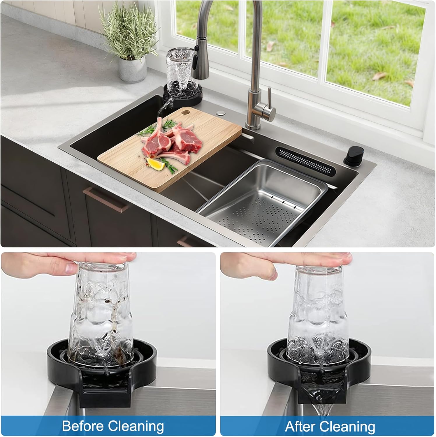 SANYCASA 33 Inch Drop In Kitchen Sink – 11 Gauge (3mm) Stainless Steel, Single Bowl Waterfall Ledge Workstation with Faucet, Cup Rinser & Accessories