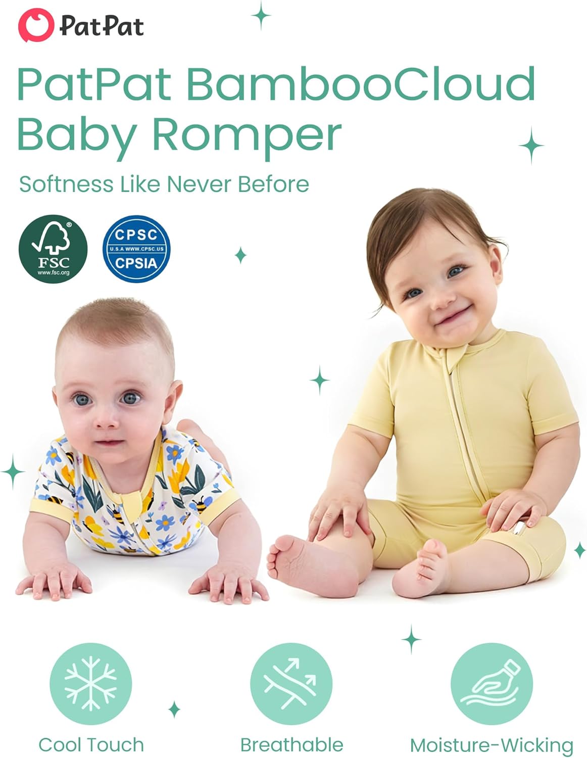 PATPAT Baby Romper 2-Pack with Bamboo Viscose, Infant Snug fit Pajama Jumpsuits with 2-Way Zipper for Newborn Boy Girl