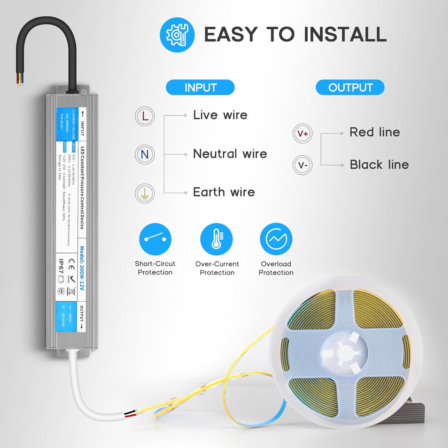 LED Driver 100 Watts Waterproof IP67 Power Supply 85V-265V AC to 12V DC Converter,Quiet and Small LED Transformer Low Voltage Output for LED Strip Lights,Outdoor - Image 4