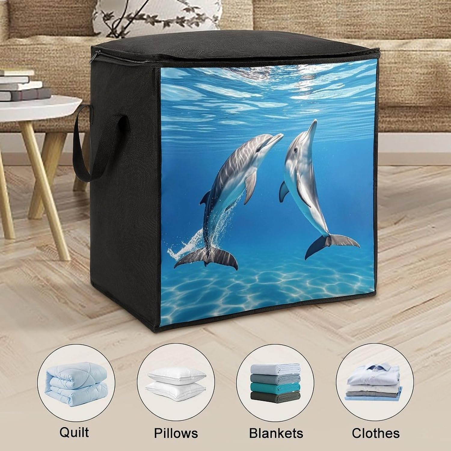 Large Two Dolphins Storage Bags with Handle Foldable Closet Organizers Clothes Storage Bins Bedding Storage Containers Fabric Moving Bags Blanket Comforter Storage Bag 70L