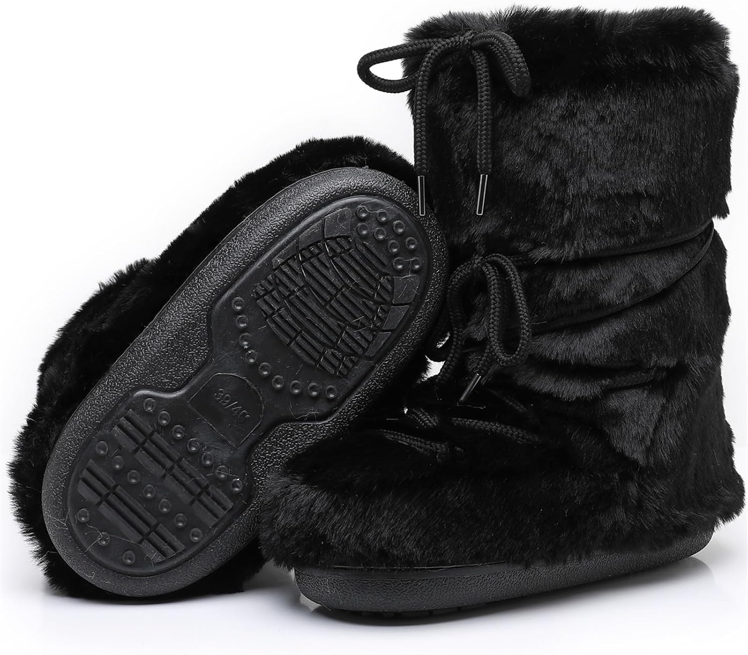 Black White Fur Boots, Furry Fuzzy Snow Boots for Women with Faux Fur Lined Non-Slip Lace-up Mid-Calf Ski Boots 2025