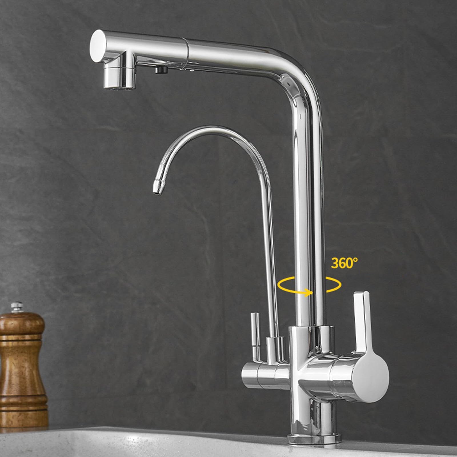 Chromowana 3-drożna bateria kuchenna z wyciąganą głowicą prysznicową i podwójnym trybem filtra wody - łatwa instalacja, elegancki design zapewniający czystą wodę pitną - ulepsz swoją kuchnię