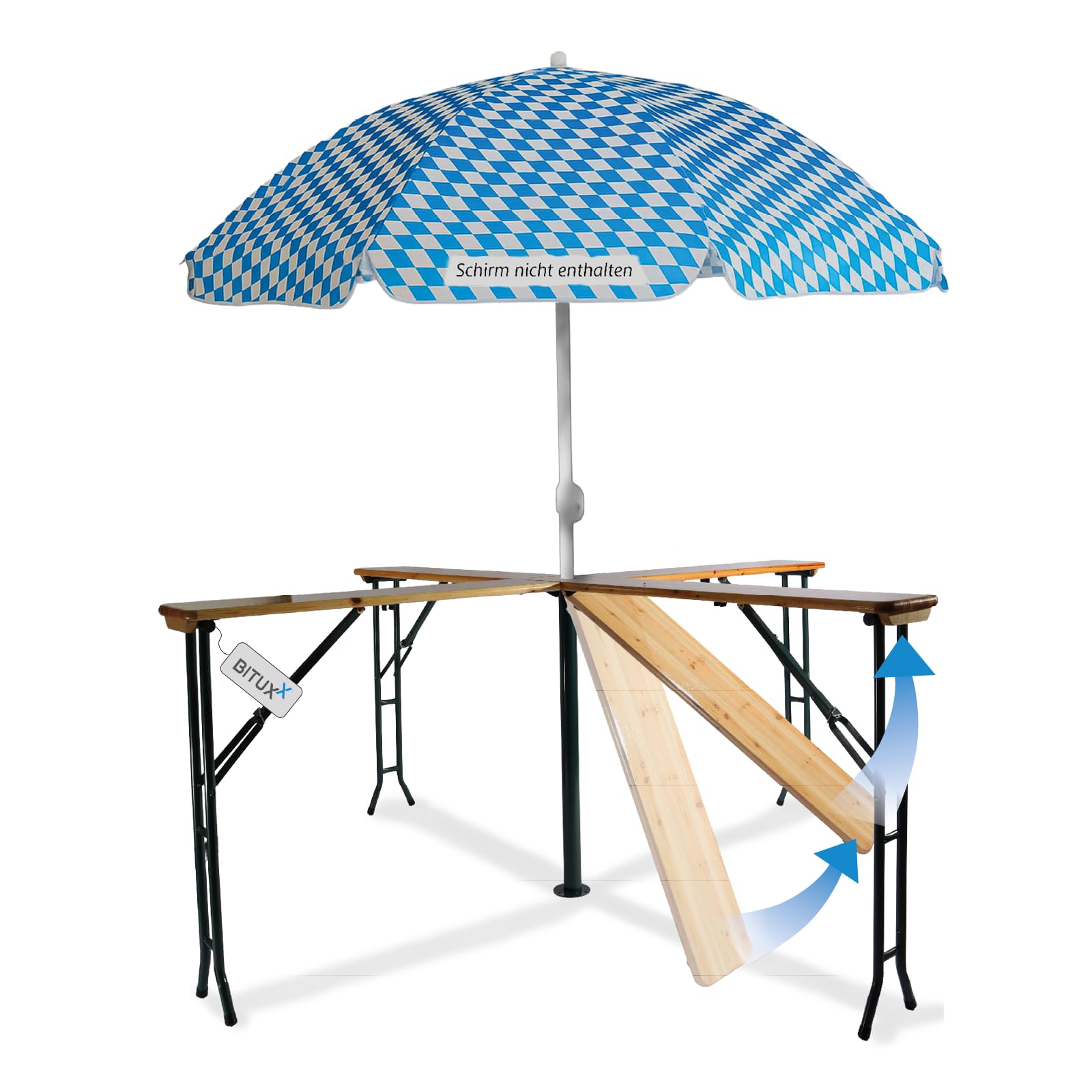 BITUXX Bierzeltgarnitur Festzeltgarnitur Biertisch Kreuztisch Stehtisch Quattro klappbar Kreuzform 241cm mit Schirmständer