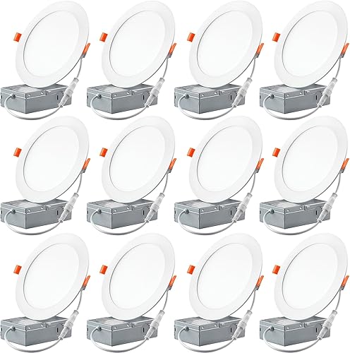 Paquete de 12 luces empotrables LED empotrables de 6 pulgadas con caja de conexiones, luz de techo LED empotrable sin lata de 6000 K, 12 W 110 W