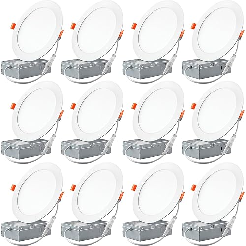 12 Pack Recessed Lighting 6 Inch LED Recessed Lights with Junction Box, 6000K Dayligh Canless Recessed LED Ceiling Light, 12W 110W Eqv, 1050LM Brightness Can Lights for Retrofit and New Decoration