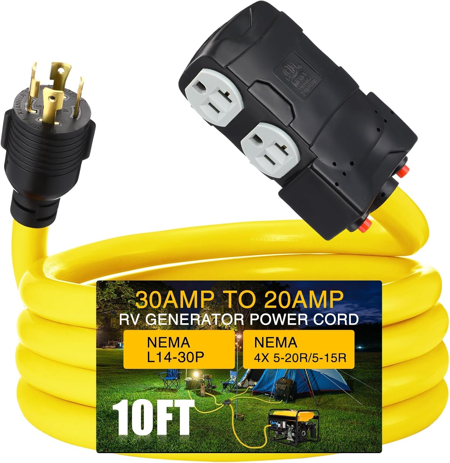 Kanayu 10FT 30 to 20 Amp 110V Generator Distribution Adapter Compatible with NEMA L14-30P to NEMA 4X 5-20R/ 5-15R, 4 Prong Generator Locking to Four Household Outlet with 20 Amp Circuit Breaker