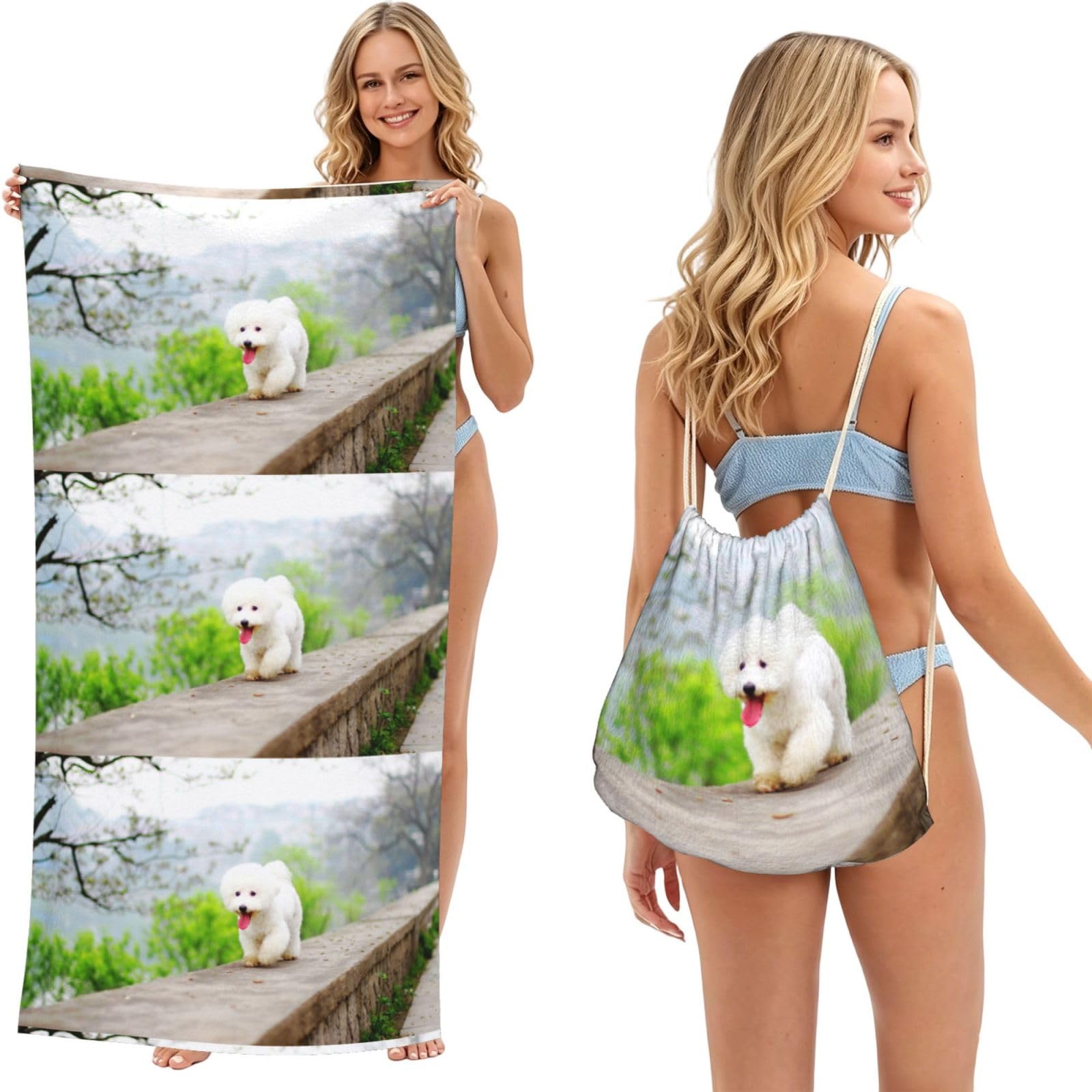 Poadnly Bichon Frise Park Pets Dogs Bichon Frise Dogs, 2 in 1 Packable Towel Bag, Beach Towels with Drawstring Backpack for Travel Holiday Camping