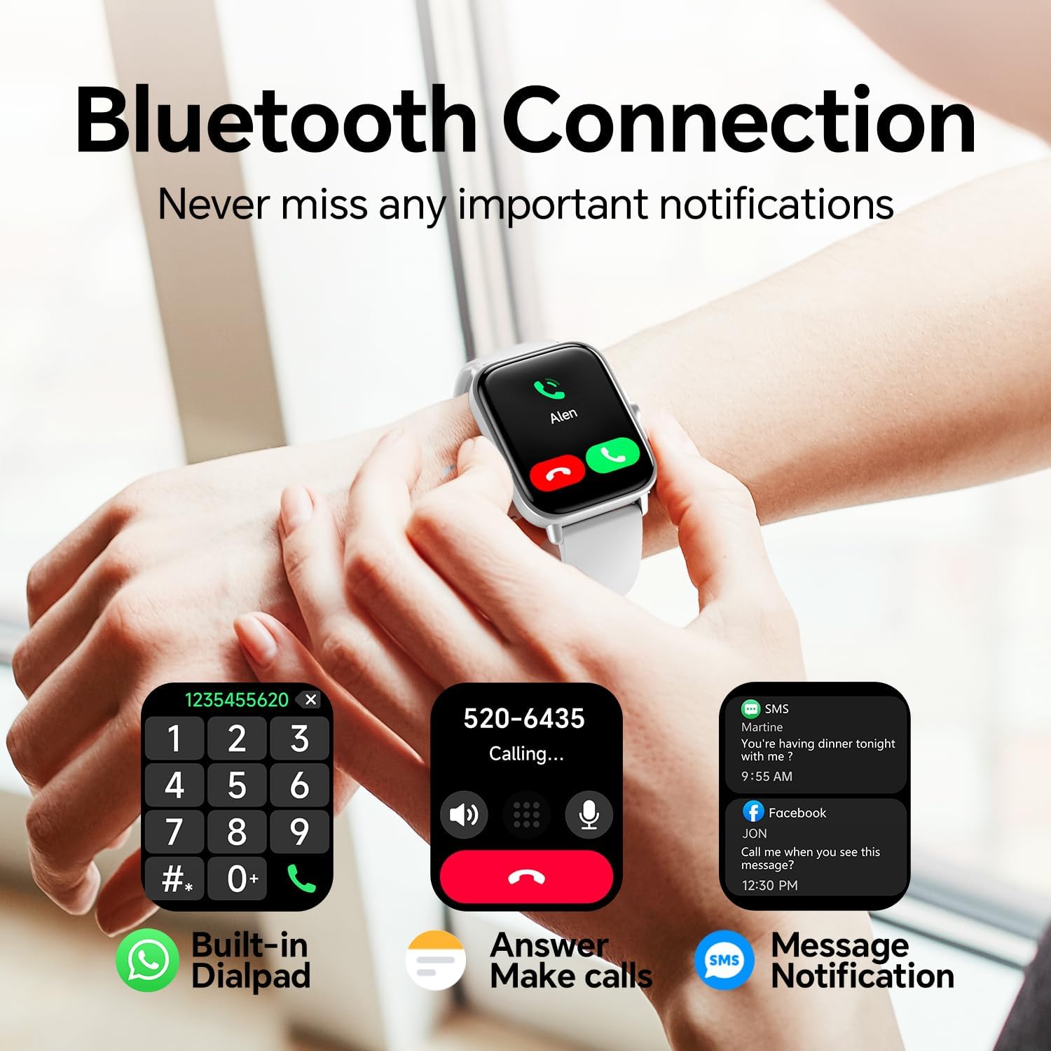 Smart Watch for Women Men, Alexa Built-in,1.8 Inches Large Display, Bluetooth Calls,Received Text, Health Monitoring, Sport Watch, Waterproof Fitness Tracker Watch for Android iOS (White, 1.8 inches)