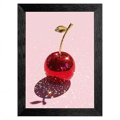 Framed Wall Art, Retro Glam Disco Ball Cherry with Shimmering