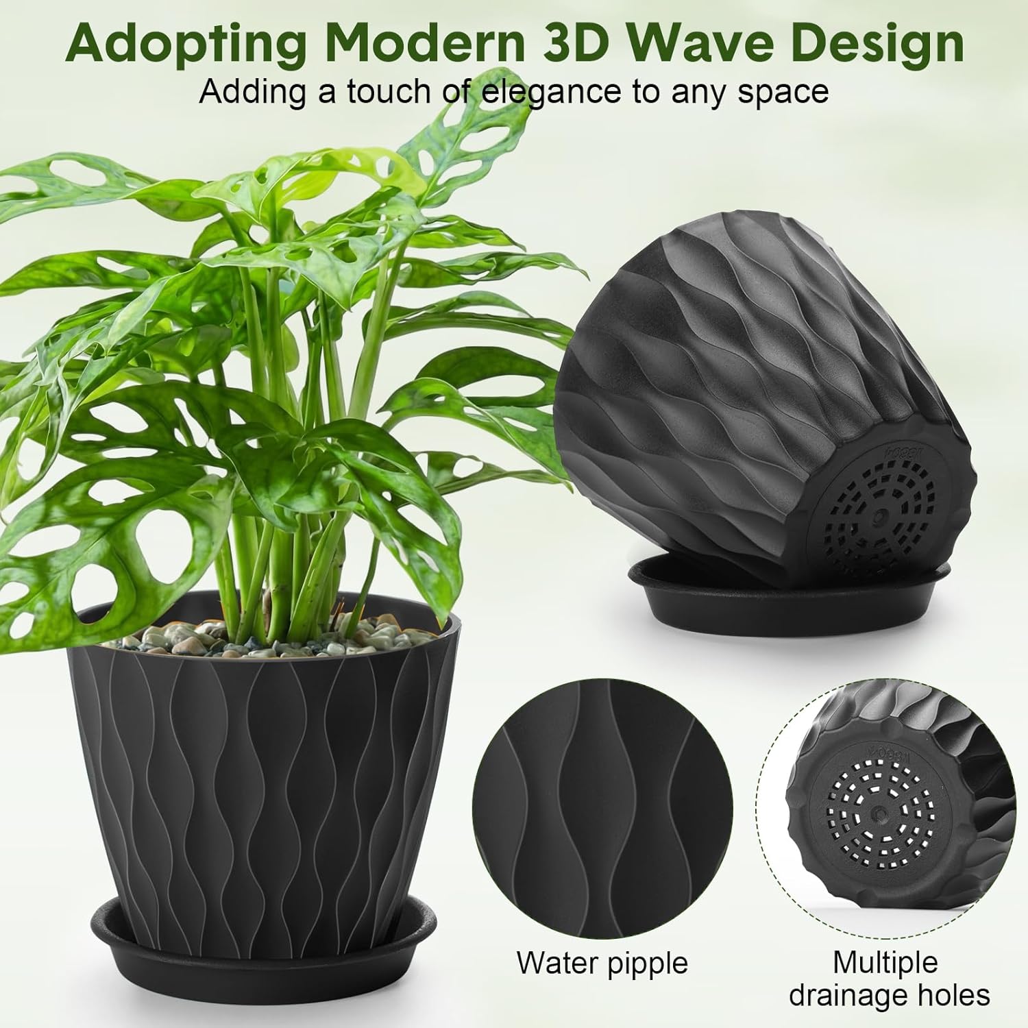 24 Pack 4 Inch Plant Pots Bulk Small Pots for Succulents Waffle Texture Plastic Planter with Drainage Holes and Saucers for Indoor Outdoor Plants Flowers, Seedlings (Black)