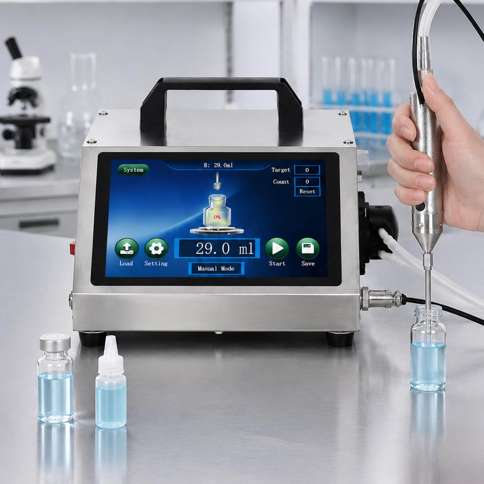 Riempitrice Quantitativa per Liquidi con Corpo in Acciaio Inox HD1370 | Dosaggio da 1–100 mL e Portata Massima di 500 mL/min per Profumi, Inchiostri, Liquidi Cosmetici e Soluzioni Acquose