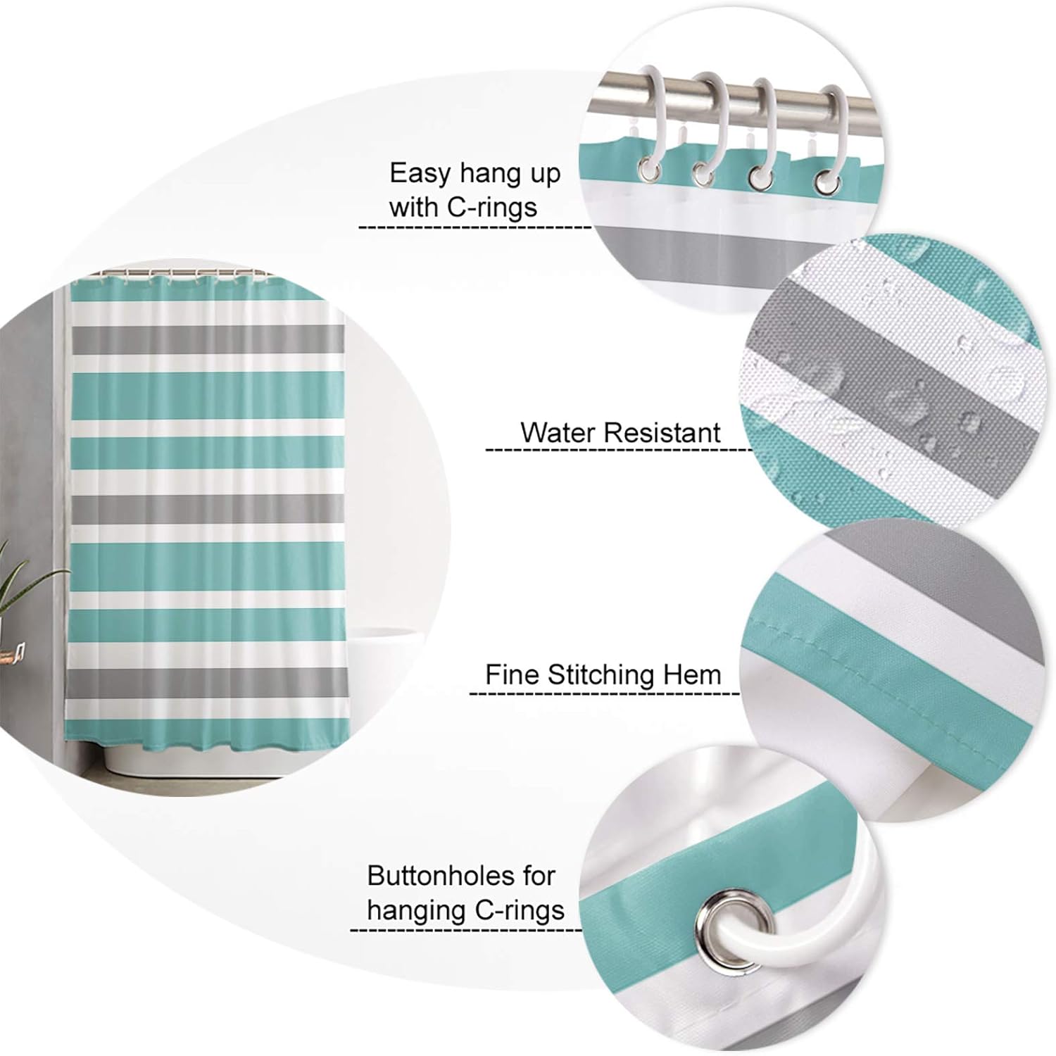 Geometric Stripes Shower Curtain for Bathroom, Cyan Turquoise Gray White Fabric Shower Curtain with Hooks Bathroom Decor Waterproof Shower Curtains Machine Washable for Home Hotel, 36"W x 72"L