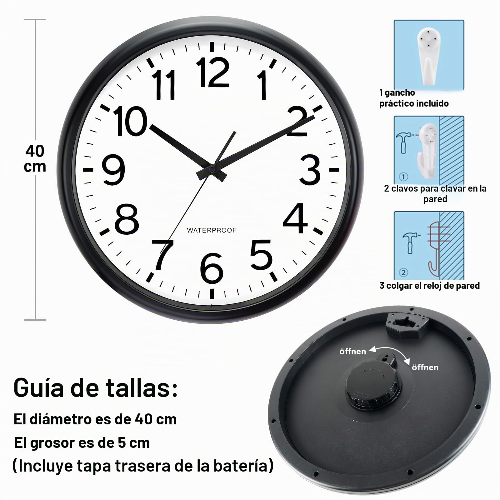 Reloj de pared para exteriores de 40 cm, resistente al agua, para jardín, exterior, resistente a la intemperie, grande, fácil de leer, silencioso, funciona con pilas, reloj de pared redondo