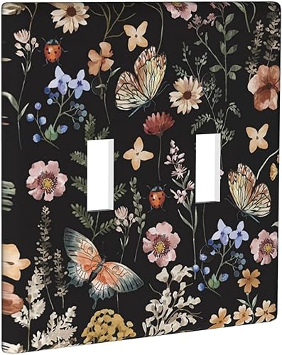 Miniatura 56 de Cubierta de interruptor de luz de palanca doble de 2 cuadras, color rosa, hongos, flores, placa de pared, placa frontal eléctrica, retro, años 70,