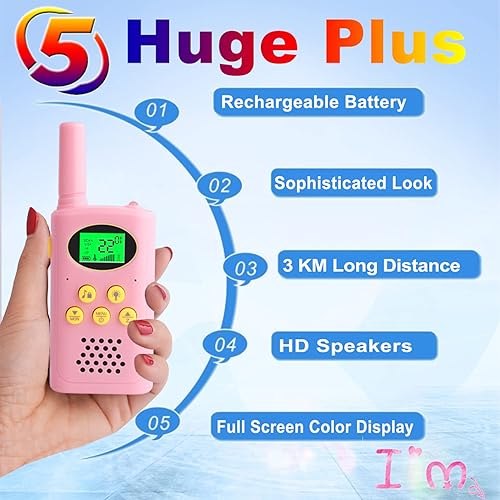 Miniatura 2 de POKPOW Walkie Talkies recargables para niños, 22 canales, juguete de radio de 2 vías con batería de litio de 3 x 1200 mAh, linterna LCD
