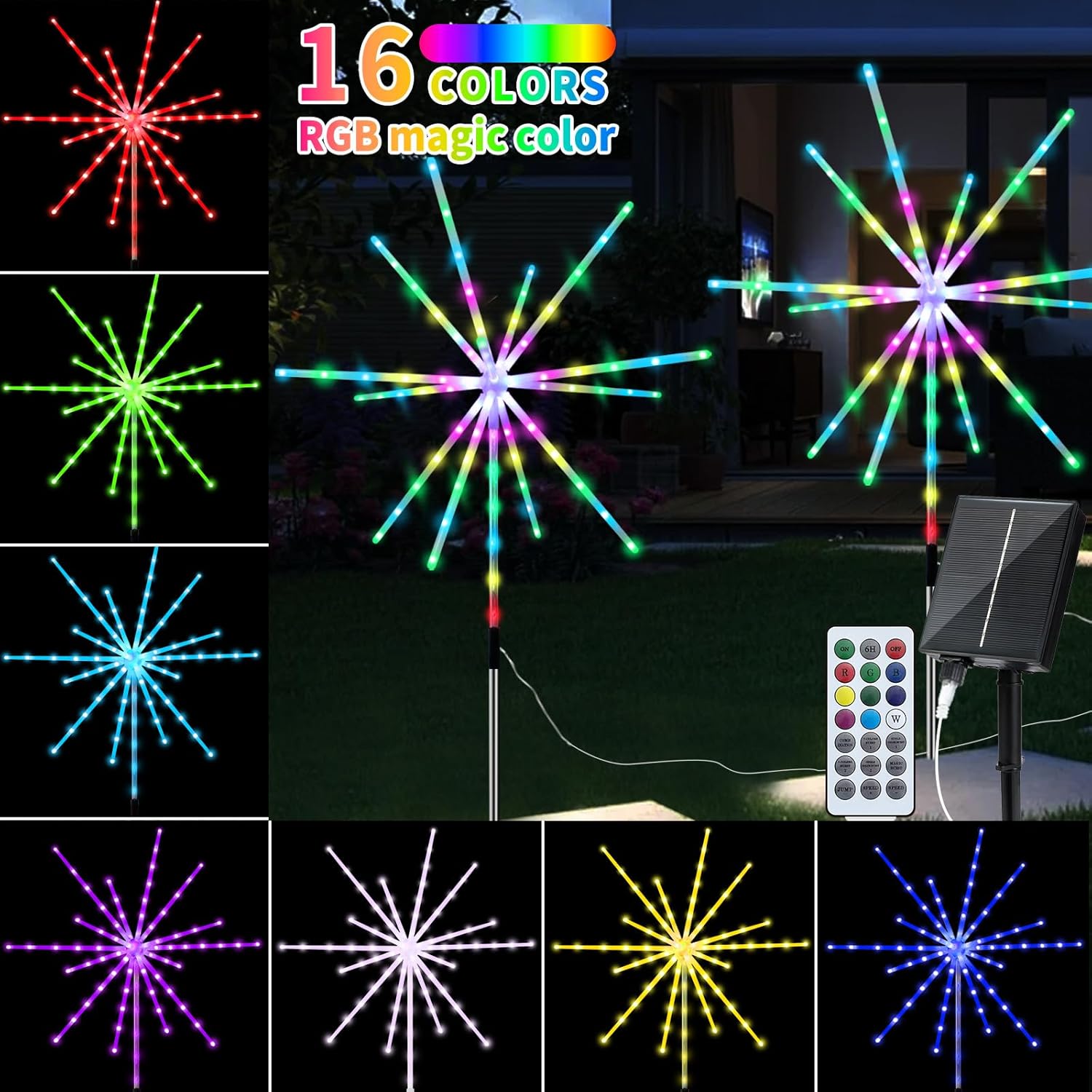 Solar Garden Lights Outdoor 2 Pack Color Changing Solar Powered Firework Lights with 9 Colors 16 Modes Remote Waterproof Rechargeable Timer Starburst Light for Christmas Pathway Backyard Yard Patio