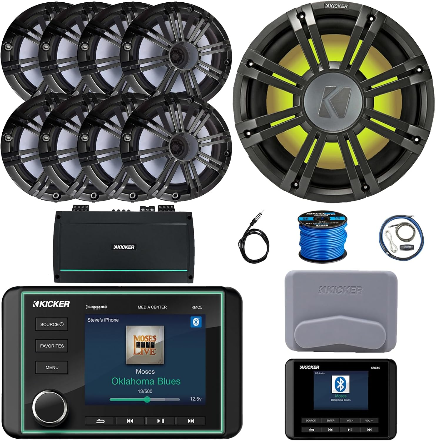 Kicker KMC5 3.5 Display Marine Bluetooth USB/AUX WB AM/FM Gauge Style Receiver W/Digital Controller, 8X 6.5 195W Peak Speakers W/Charcoal Grilles, Sub W/Charcoal Grille, Amp W/Kit, Antenna, Wire