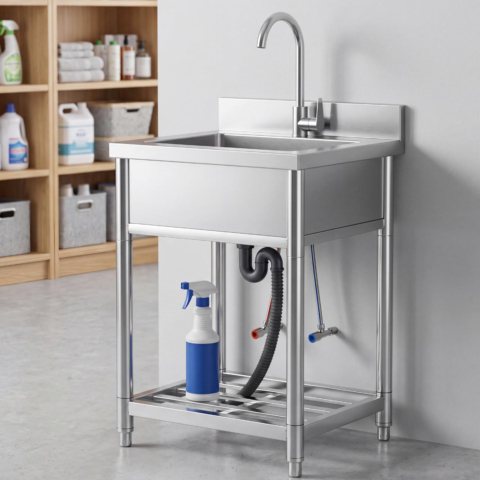 Fregadero con Patas Acero Comercial de Acero Inoxidable | 50 x 55 x 94 cm Fregadero de Cocina Independiente con Grifo, Fregaderos Industriales para Exterior, Cocina, Garaje, Jardín