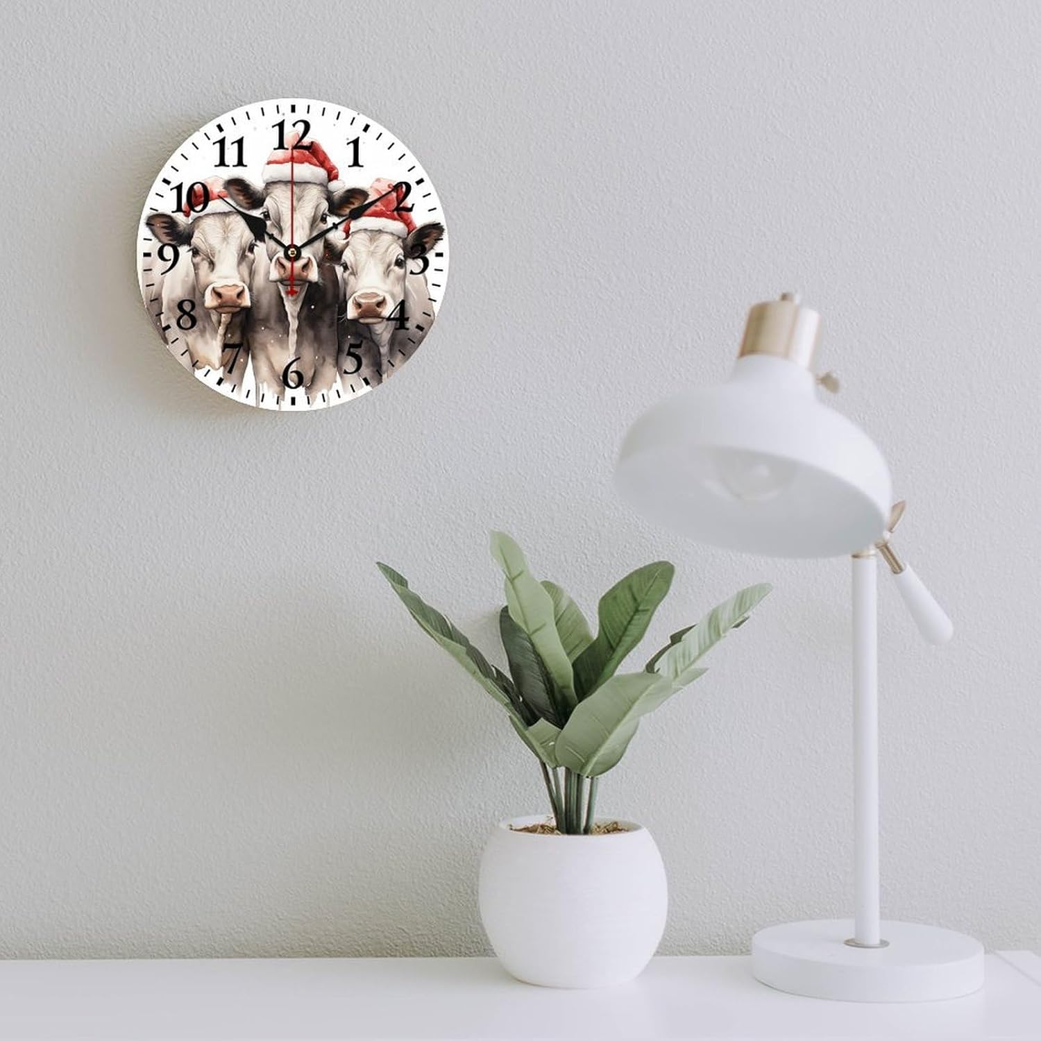 Clocks Three Cows with Christmas Hats Round Decorative Clock Non Ticking Cute Cow Wooden Wall Clock 12 Inch Home Office School Winter Rustic Wooden New Year Clocks