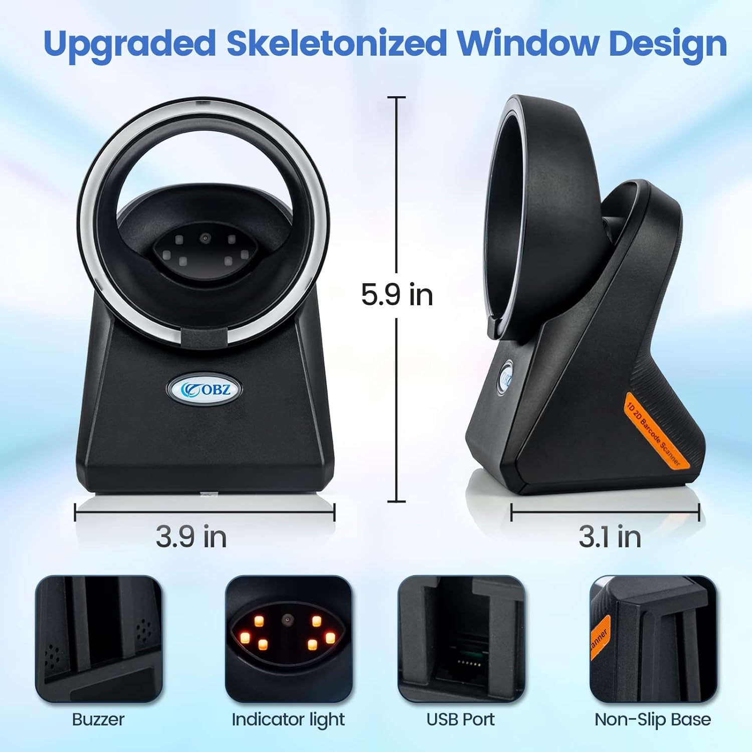 OBZ Desktop Barcode Scanner Hands-Free 1D 2D Code Reader,Omnidirectional Automatic USB Wired Barcode Scanner with Adjustable Head,Plug and Play for Windows Mac Linux POS Store Inventory Management