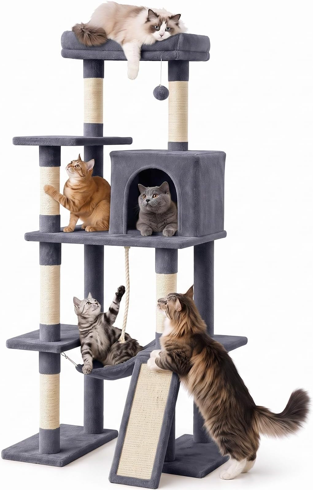 DUMOS Large Cat Tree 160 cm, Multi-Level Climbing Tower with Kennel, Natural Sisal Scratching Posts, Extended Platform, Hammock, Kennel for Indoor Cats and Kittens – Dark Grey