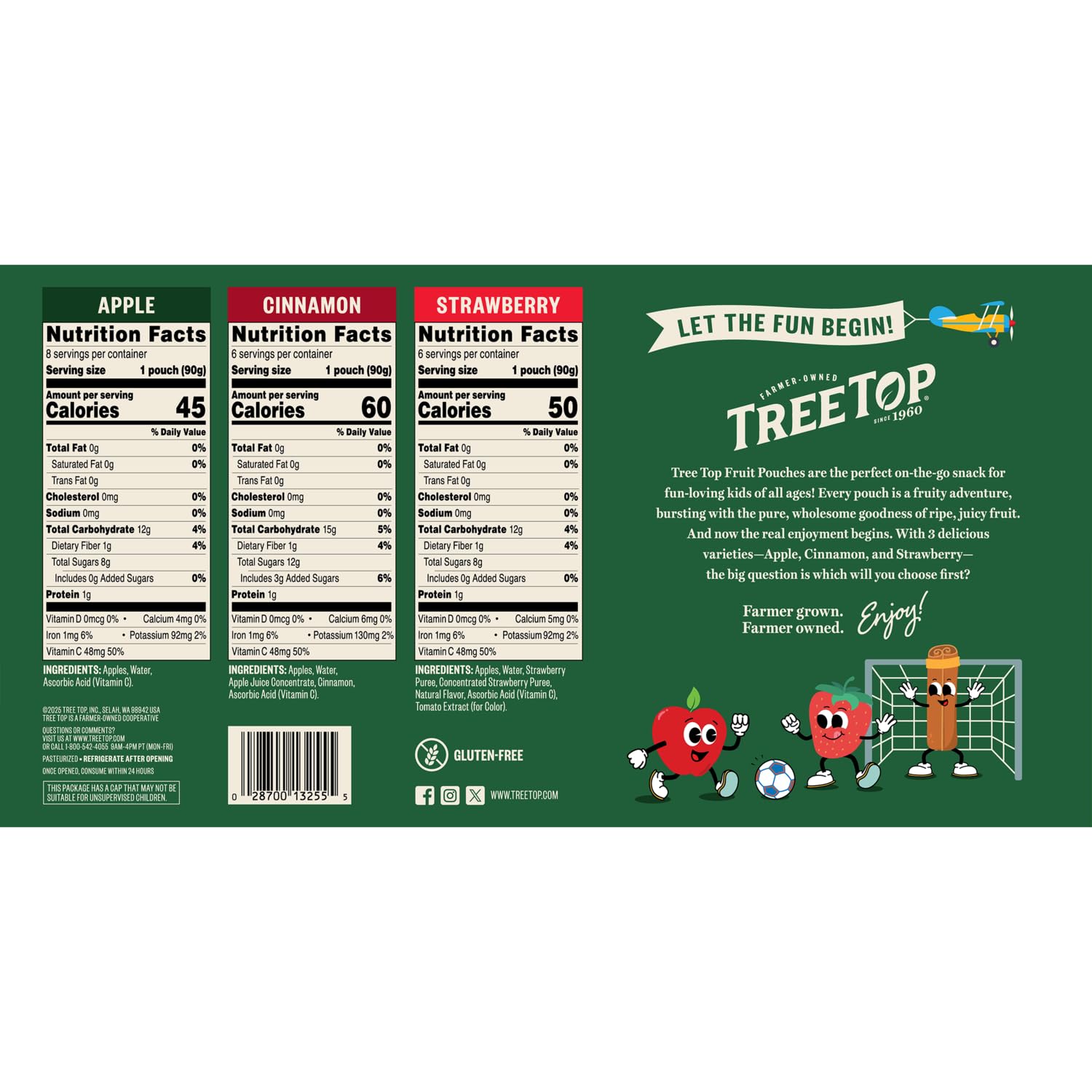 Tree Top Apple Sauce Pouches Variety Pack, Apple, Strawberry, Cinnamon, 3.2 oz. each (Pack of 20)