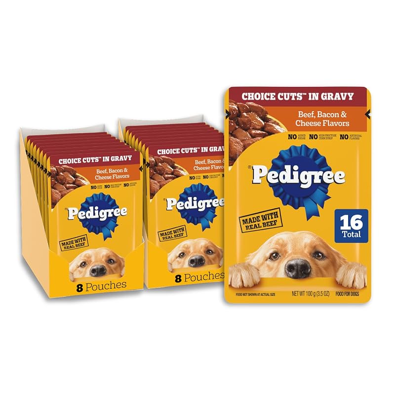Ração úmida para cães adultos Pedigree Choice Cuts em molho, sabores carne, bacon e queijo, 16 sachês de 99 g